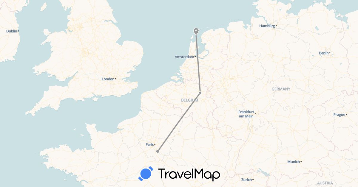TravelMap itinerary: driving, plane in Belgium, France, Netherlands (Europe)